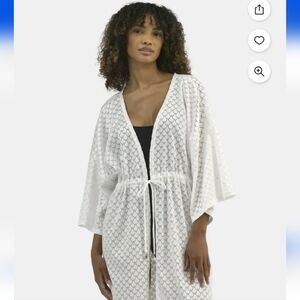 Paris Hilton White Crochet Cover Up Kaftan Kimono Size L/XL NWT Beach Swim Cover